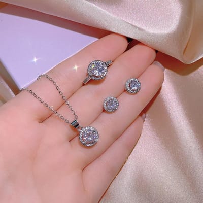 Bijoux de luxe 3 pièces Zirconium Coupe Cœur 925 Bague de fiançailles Boucles d'oreilles Pendentif Cœur pour Femme Cadeau de Fête Anniversaire Y14296YY-resizable&45cm gray