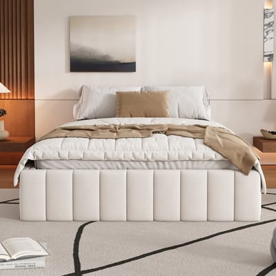 MEUNIQ bedframe 140 x 200 cm met lattenbodem en 4 lades, zonder hoofdbord, tweepersoons bed voor slaapkamer, beige fluweel