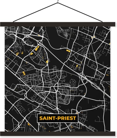Posterhanger incl. Poster 60x60 cm - Schoolplaat - Plattegrond - Kaart - Saint-Priest - Frankrijk - Stadskaart - Textielposter - Zwarte latten - Stadskaart
