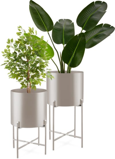 tectake® Plantenstandaard Mine - Set van 2 Plantenhouders - Ø31 x 56 cm en Ø30 x 45,5 cm - Plantentafeltje voor Binnen en Buiten - Plantenkruk - Bloempot Standaard - Houder voor Planten en Bloemen - Taupe