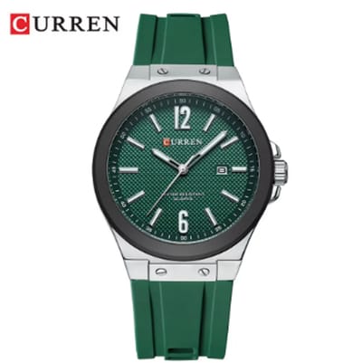 CURREN Horloge 8467 - Zilverkleurig-Groen – Heren - Quartz - Ronde Kast - Siliconen Band - Kalender - Lichtgevend - Sporthorloge - Waterbestendig