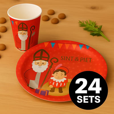 Sinterklaas Bordjes & Bekers Set – 24 Sets – Feestartikelen Sint & Piet – Borden Ø18 cm + Bekers 400 ml – Sinterklaas Tafelversiering