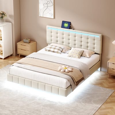 Tweepersoonsbed 160x200 cm – Zwevend Linnen Bed met LED-Hoofdbord, LED-Verlichting rondom en 2 USB-Aansluitingen