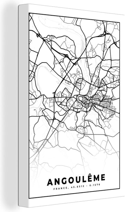 Canvas Schilderij Plattegrond – Kaart – Angoulême - Frankrijk – Stadskaart - Zwart wit - 20x30 cm - Wanddecoratie