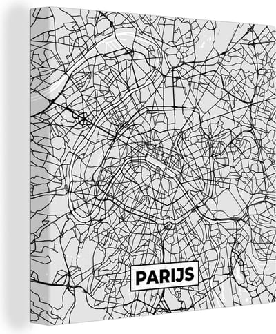 Canvas Schilderij Parijs - Stadskaart - Zwart Wit - Plattegrond - Kaart - 20x20 cm - Wanddecoratie