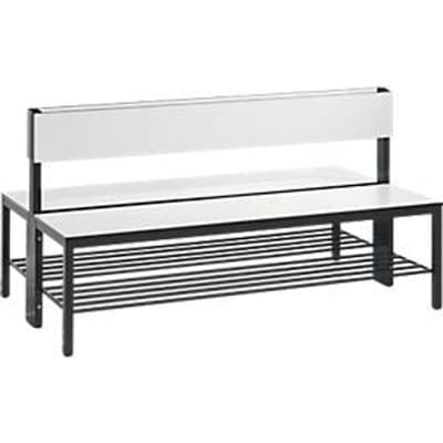 Basic Plus bank, 2-zijdig, met rugleuning en schoenenrek, 4-poots frame zwartgrijs RAL 7021, B 1500 mm, decor wit