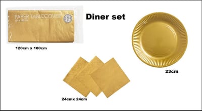 Diner set goud big - 1x Tafelkleed goud 120cmx 180cm + 16x Bord 23cm goud + 20x servetten goud 24cm x 24cm - Themafeest gold party