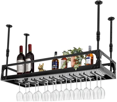 Jessi Store - Wijnrek - Hangend wijnrek plafond - Met glazenhouder - Industrieel wijnrek - Plafondrek - Zwart - 100x35x35-55cm