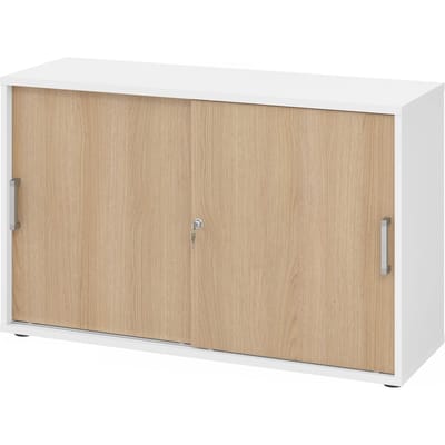 Schuifdeurkast TARVIS, 2 ordnerhoogten, B 1200 x D 400 x H 748 mm, afsluitbaar & stapelbaar, wit/wilde eikenpatroon
