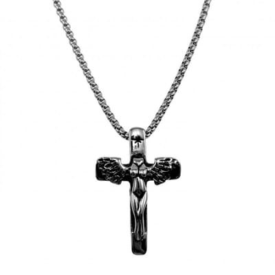 60cm, 2,5mm Jasseron Ketting + Gotische Kruishanger Dames Heren - RVS Zilverkleur - Gevallen Engel Hanger