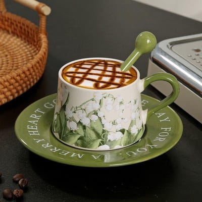 Origineel Handgeschilderd Lelietje-van-dalen Bloem Keramische Koffiekop Schotel Set Niche Latte Kop Afternoon Tea Exquise Souvenir Cadeau 260ml