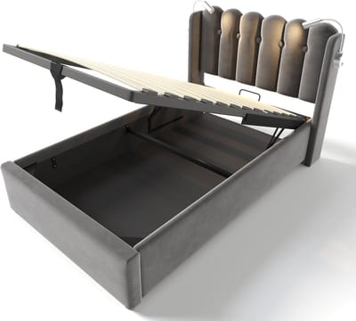 Gestoffeerd bed, eenpersoonsbed, leeslampje met oplaadbare functie, hoofdbord, opbergruimte, bedframe, fluweel, tienerbed van 90x200 mm met lattenbodem, grijs (matras niet inbegrepen).