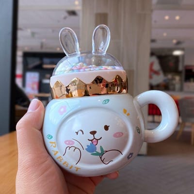 Konijnenmok met Deksel Lepel Kop voor Mannen en Vrouwen Keramische Drinkwaterkop Stel Cartoon Hoge Waarde Grote Capaciteit Koffiekop 400ml