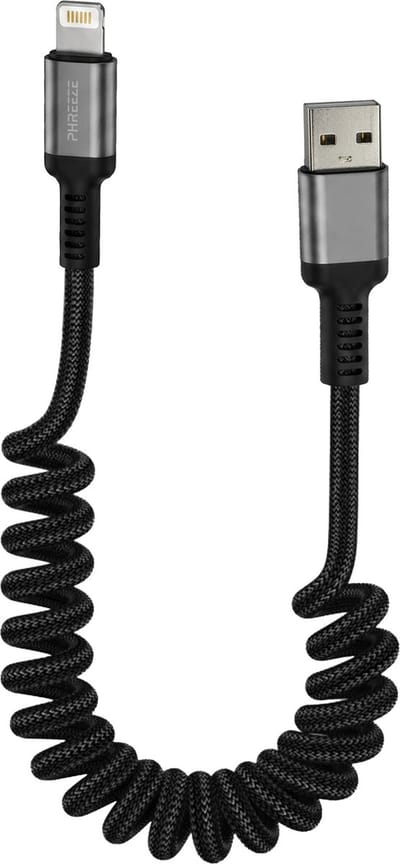 Phreeze USB kabel geschikt voor Apple CarPlay - USB naar Lightning kabel - Oplaadkabel geschikt voor iPhone 14, 13, 12, 11, X, Xr, Xs - CarPlay kabeltje - Uitrekbaar - Spiraalkabel - Krulsnoer - Gevlochten Nylon - Zwart - 1.5M