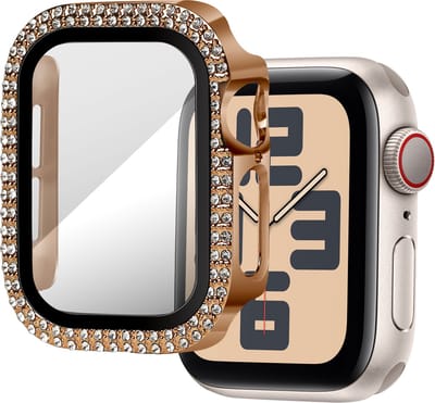 Bandz Diamond beschermhoes met screenprotector geschikt voor Apple Watch 10 - 42mm & Apple Watch 11 - 42mm case case - hardplastic beschermhoes - glazen screenprotector - Full cover case + screenprotector (rosé goud)