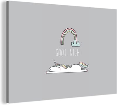 Wanddecoratie Metaal - Aluminium Schilderij Industrieel - Unicorn - Regenboog - Kinderen - Quotes - Good night - Meisjes - 180x120 cm - Dibond - Foto op aluminium - Industriële muurdecoratie - Voor de woonkamer/slaapkamer