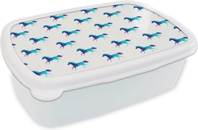 Broodtrommel Wit - Lunchbox - Brooddoos - Meisjes - Paarden - Kristallen - Patronen - Girl - Blauw - Kinderen - Kind - 18x12x6 cm - Volwassenen