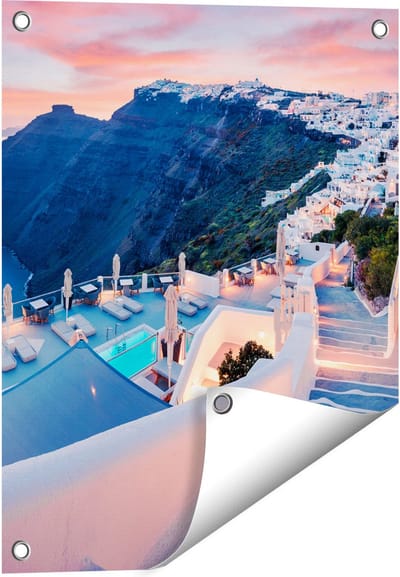 Gards Tuinposter Luxe Huisjes aan de Kust in Fira, Griekenland - 40x50 cm - Tuindoek - Tuindecoratie - Wanddecoratie buiten - Tuinschilderij