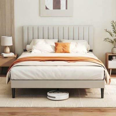 KUTAS Bedframe 140x190 cm - Gestoffeerd - Verticale Strepen - Opbergruimte Onder Bed - Lattenbodem - Extra Stevig Frame - Tweepersoonsbed - Verstelbaar Hoofdeinde - Zonder Matras - Draagkracht 480 kg - Grijs