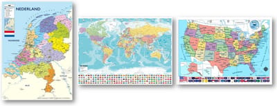 Wereldkaart poster - Nederland kaart poster - Amerika kaart poster - Set van drie posters - Schoolkaarten - Formaat 70 x 100 cm - drukgang 2024 - multi - wanddecoratie