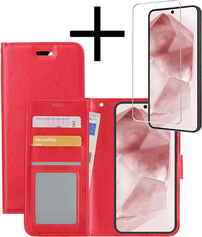 Hoesje - Met Screenprotector - Geschikt voor Samsung Galaxy A55 - Luxe Pasjeshouder - Bookcase Portemonee - Flip Case - Kunstleer Book Case - Flipcase - Book Cover - Walletcase - Portemonneehoes - Rood