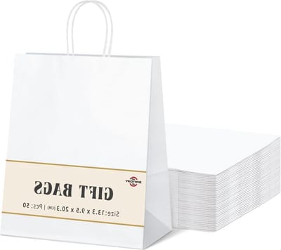 Papieren zak met handgrepen - 50 stuks - Witte Kraft geschenkzakjes - Feestgunst verjaardag christen Thanksgiving Kerstmis Bruiloft - 133 x 95 x 203 cm