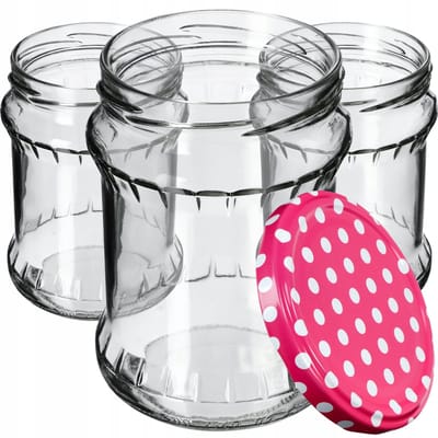 KADAX Inmaakpotten, 500 ml, bewaarpotten met schroefdeksel, inmaakpotten, jampot, voorraadpot, conservenglas, ronde potten (roze gestippeld/8 stuks)