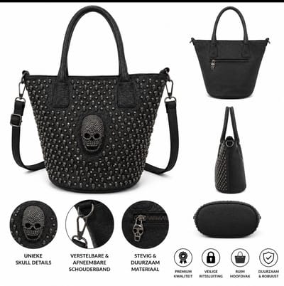 Dames Handtas met Skull Studs – Zwarte Schoudertas met Afneembare Schouderband – Gothic Shopper – Grote Shopper Tas met Ritssluiting