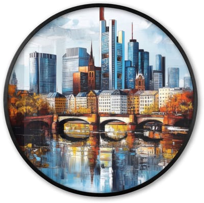 Poster in lijst Rond - Fotolijst 60x60 cm - Posters - Bomen Frankfurt- Stad - Skyline - Brug - Ronde posterlijst zwart - Decoratie - Wanddecoratie woonkamer - Muurdecoratie slaapkamer