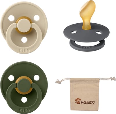 Bibs Dental fopspenen Anatomical 0-6 maanden- Set 3 stuks- Vanilla, Iron, Hunter Green - + Monkiezz speenzakje - orthodontisch- Anatomisch- Maat 1