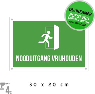 Pictogram/ bord Dibond + boorgaten | "Nooduitgang vrijhouden" | 30 x 20 cm | Brandweg | Brandweer | Noodsituatie | Noodgeval | In nood | Bij brand | Groen | 1 stuk