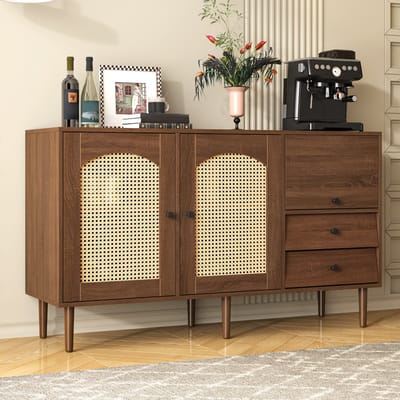 Wishdor Dressoir In Landelijke Stijl - Rotan Deuren - Verstelbare Legplanken - Magnetische Sluiting - Spaanplaat - Houtkleur - 130 X 40 X 75,5 Cm