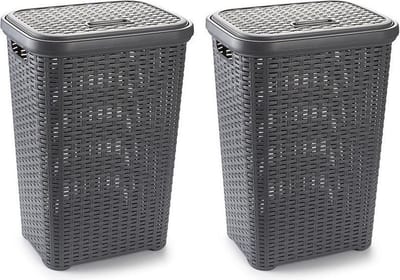 PlasticForte Wasmand met deksel - 2x stuks - 60 liter - lichtgrijs - rotan - kunststof - L35 x B43 x H62 cm