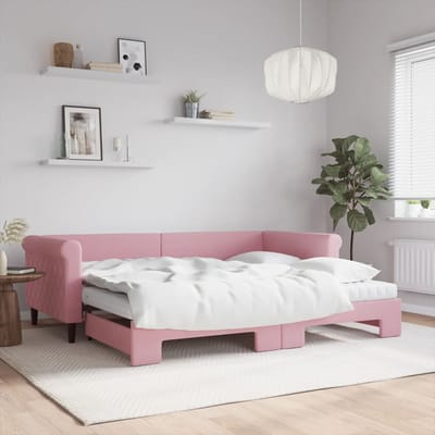 vidaXL - Slaapbank - onderschuifbed - en - matrassen - 90x200 - cm - fluweel - roze