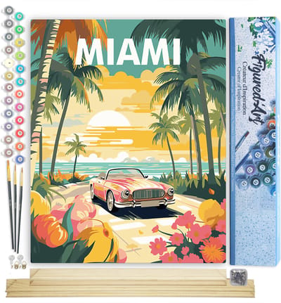 Figured'Art Schilderen op Nummer Volwassenen canvas Reisposter zonsondergang in Miami- Handwerk acrylverf Kit DIY Compleet - 40x50cm met DIY houten lijst