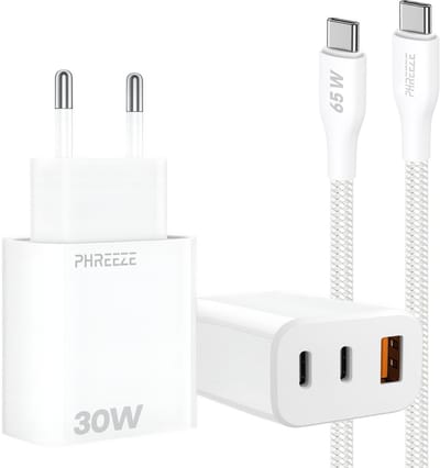 30w usb adapter met 3 poorten 2x Usb met usb C kabel 1m wit snellader