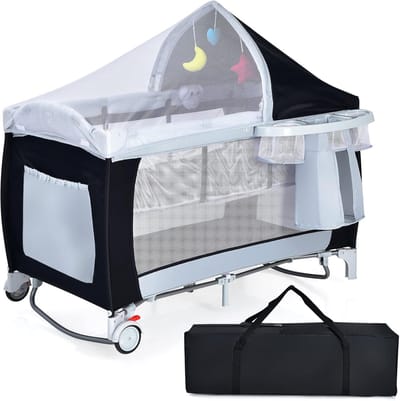 Kinderreisbed - Opklapbed baby - Veilig spelen - Inclusief accessoires - 120 x 60 cm - Zwart