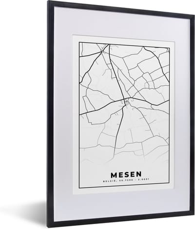 Fotolijst incl. Poster Zwart Wit- Stadskaart – Plattegrond – België – Zwart Wit – Mesen – Kaart - 30x40 cm - Posterlijst
