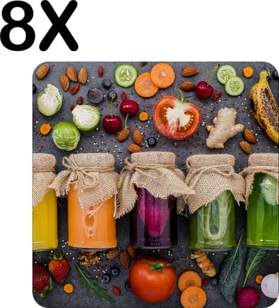 Luxe Placemat - Kleurrijke Potten met Groente en Fruit - Set van 8 Placemats - 50x50 cm - 2 mm dik Vinyl - Anti Slip - Afneembaar
