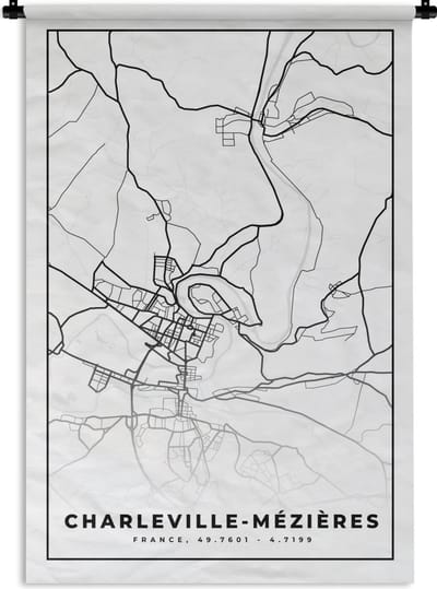 Wandkleed - Wanddoek - Charleville-Mézières - Stadskaart – Plattegrond – Kaart – Frankrijk - Zwart wit - 120x180 cm - Wandtapijt