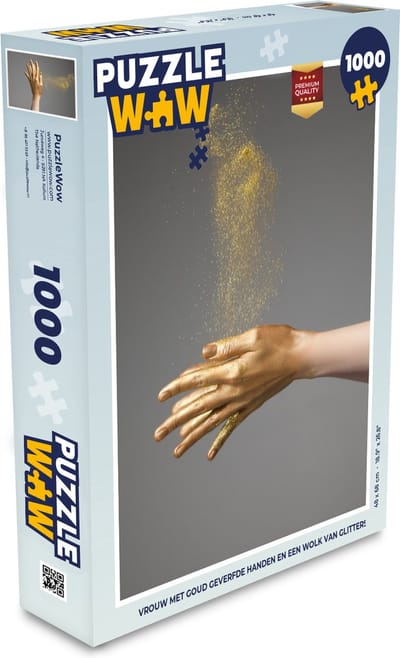 Puzzel Vrouw met goud geverfde handen en een wolk van glitters - Legpuzzel - Puzzel 1000 stukjes volwassenen
