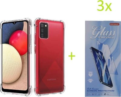 Shockproof Hoesje Geschikt voor: Samsung Galaxy A02s - Anti Shock Silicone Bumper - Transparant + 3X Tempered Glass Screenprotector