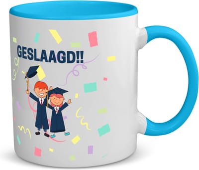 Akyol - geslaagd 2 mensen koffiemok - theemok - blauw - Felicitatie - iemand die is geslaagd - gefeliciteerd - examen - school - diploma gehaald - 350 ML inhoud