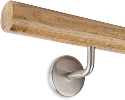 Leuning Set Hout - Eiken Leuning - Trappen Veiligheid - Dubbel Gelakt - 180cm 45mm Rond - Roestvrij Staal
