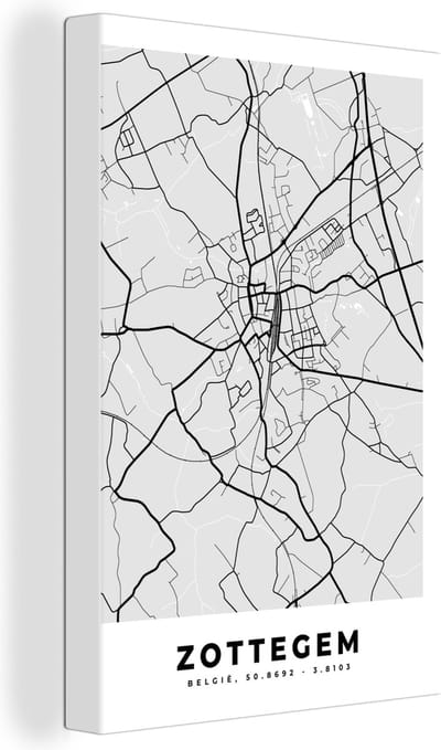 Canvas Schilderij België – Zottegem – Stadskaart – Kaart – Zwart Wit – Plattegrond - 20x30 cm - Wanddecoratie