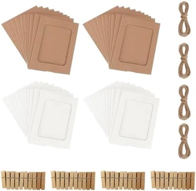 40 stuks fotolijsten set met wasknijpers en touw - DIY kraftpapier fotolijsten 10x15 cm voor wanddecoratie en fotoslinger - Witte en bruine fotolijsten
