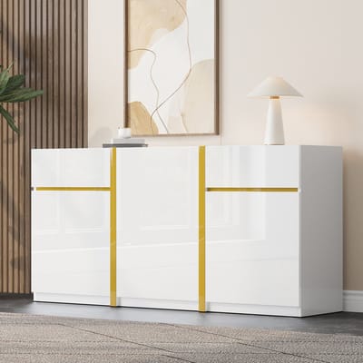 Sweiko Dressoir - Halmeubel - Hoogglans - Drie deuren - 2 lades - Gouden details - Wit