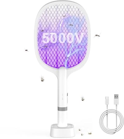 Elektrische Vliegenmepper 5000V met USB-C Opladen - 2-in-1 UV Lichtval en Handmatige Modus - 1800mAh Accu - Drielagig Veiligheidsnet