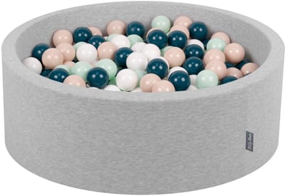 KiddyMoon ballenbad 90x30cm - 200 ballen ∅ 7cm ballenbad met kleurrijke ballen voor baby's kinderen rond, lichtgrijs:donker turquoise/pastelbeige/wit/munt