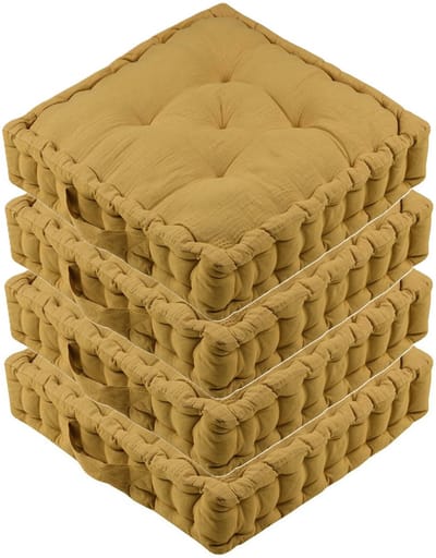 Stof Textile Vloerkussen Maxime - 4x - okergeel - katoen - 45 x 45 x 10 cm - vierkant - Extra dik - extra zitplaatsen - spelen - gamen - relaxen